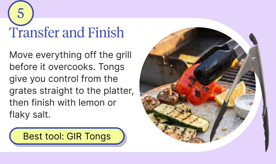 Transfer and Finish Move everything off the grill before it overcooks. Tongs give you control from the grates straight to the platter, then finish with lemon or flaky salt.