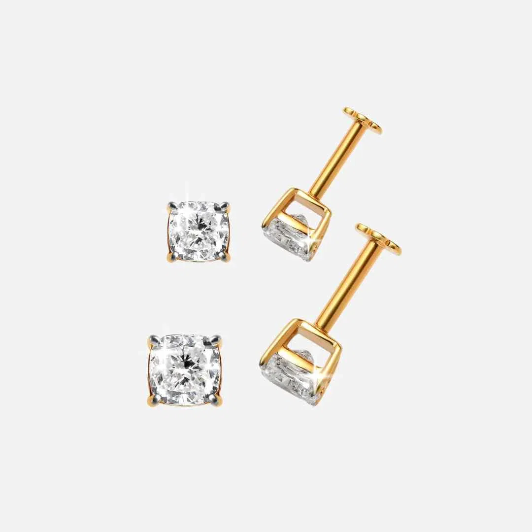 Image of Set of Two World's First Lab Grown Diamond Sleep Stud Earrings 0.5 CT and 1Ct Cushion