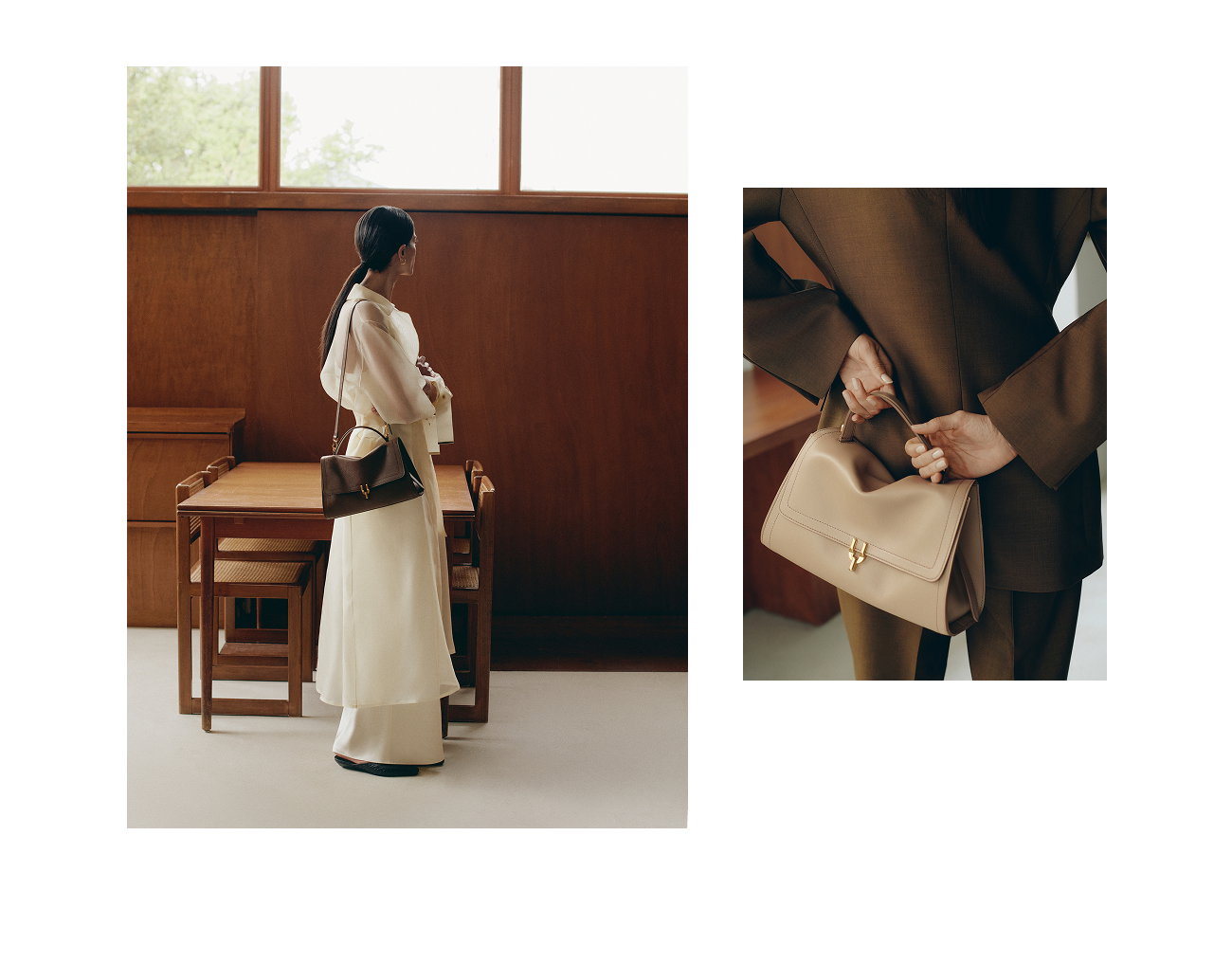 an image of a woman in a white cape and a black purse
