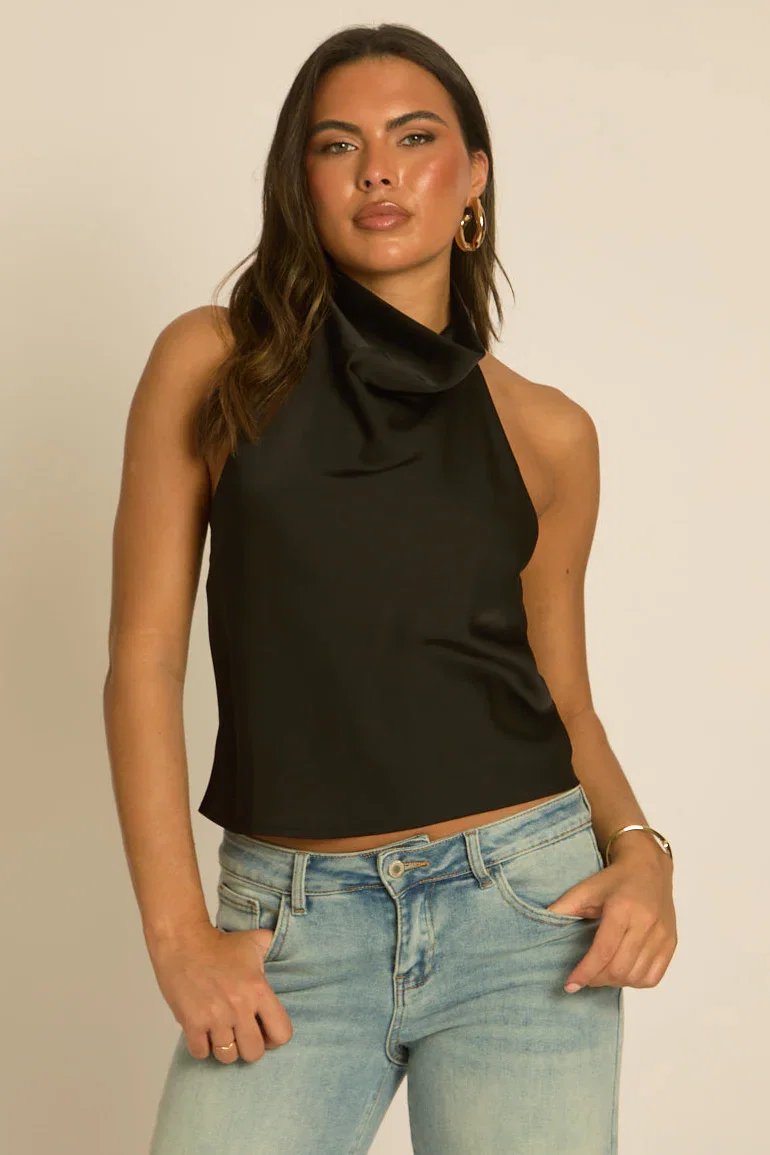 Image of Black Satin High Neck Cowl Top - Dawson