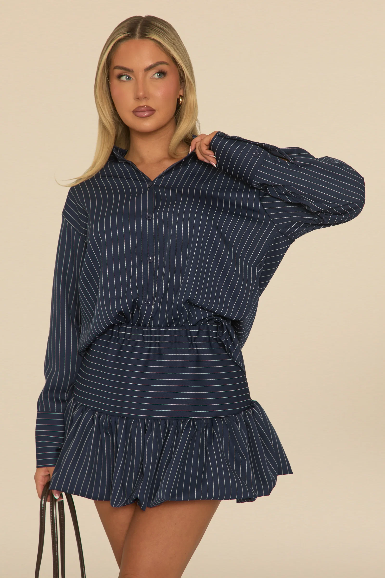 Image of Navy Pinstripe Shirt and Puffball Skirt Co-ord Set - Hollia