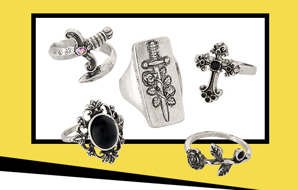 Multi-Pack Assorted Black Gothic Cross Sword Silver-Tone Rings - 5 Pack