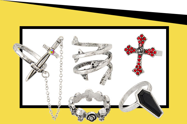 Multi-Pack Assorted Red Gothic Cross Skull Silver-Tone Rings - 5 Pack