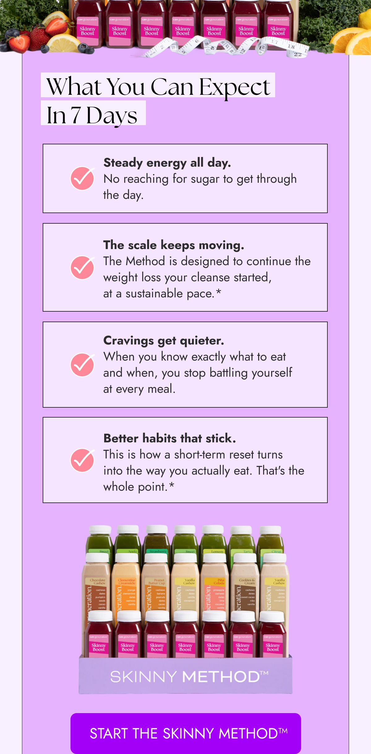 Text highlights benefits of a 7-day program: energy, weight loss, reduced cravings, and better habits.