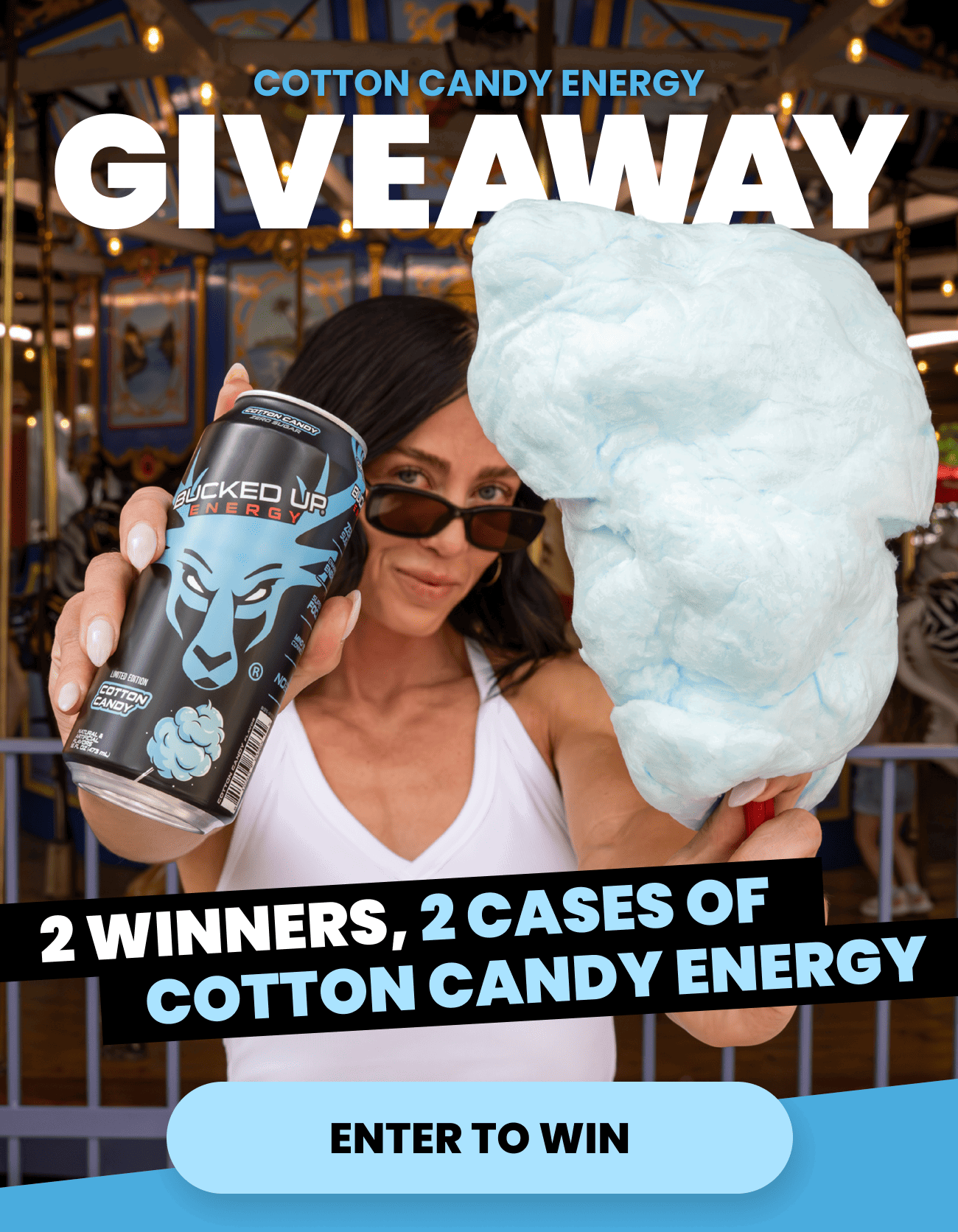 Cotton Candy Energy Giveaway — win 2 cases of Bucked Up Energy Cotton Candy flavor, enter to win