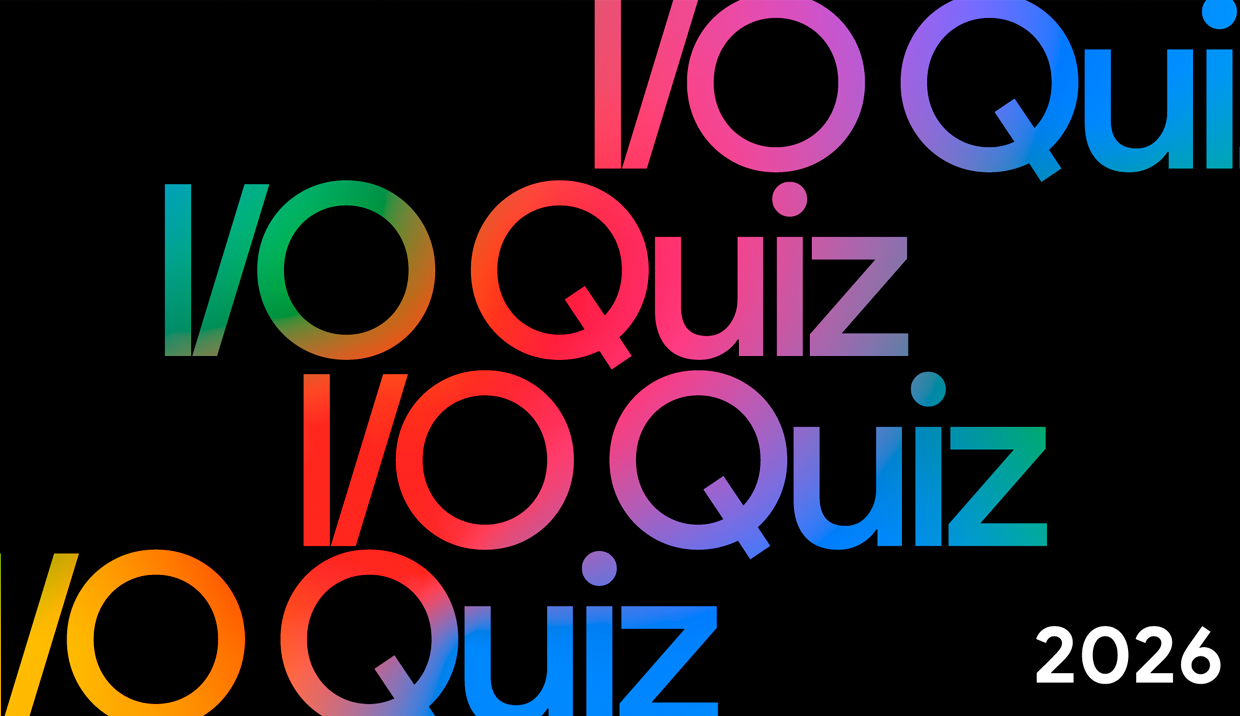 Repeating multicolored 'I/O Quiz' text in a diagonal pattern on black; '2026' in the bottom right.