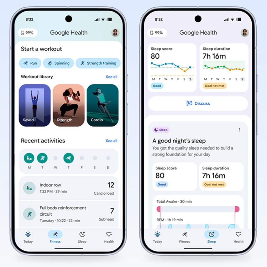Two smartphones displaying the Fitness and Sleep screens of the Google Health app.