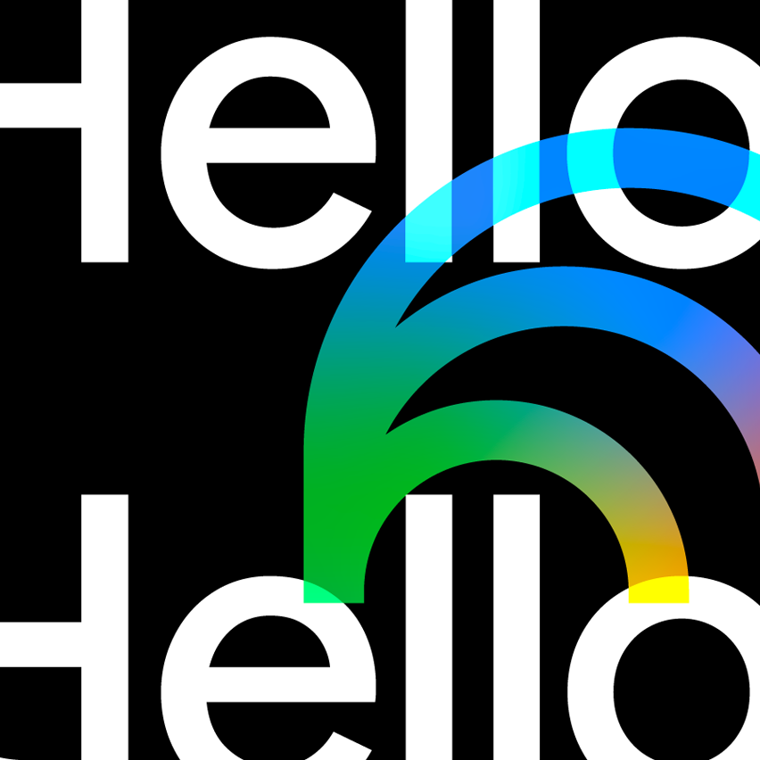 Bold white 'Hello' text repeated on a black background, overlaid with translucent, overlapping arcs in a blue, green, and yellow color gradient.