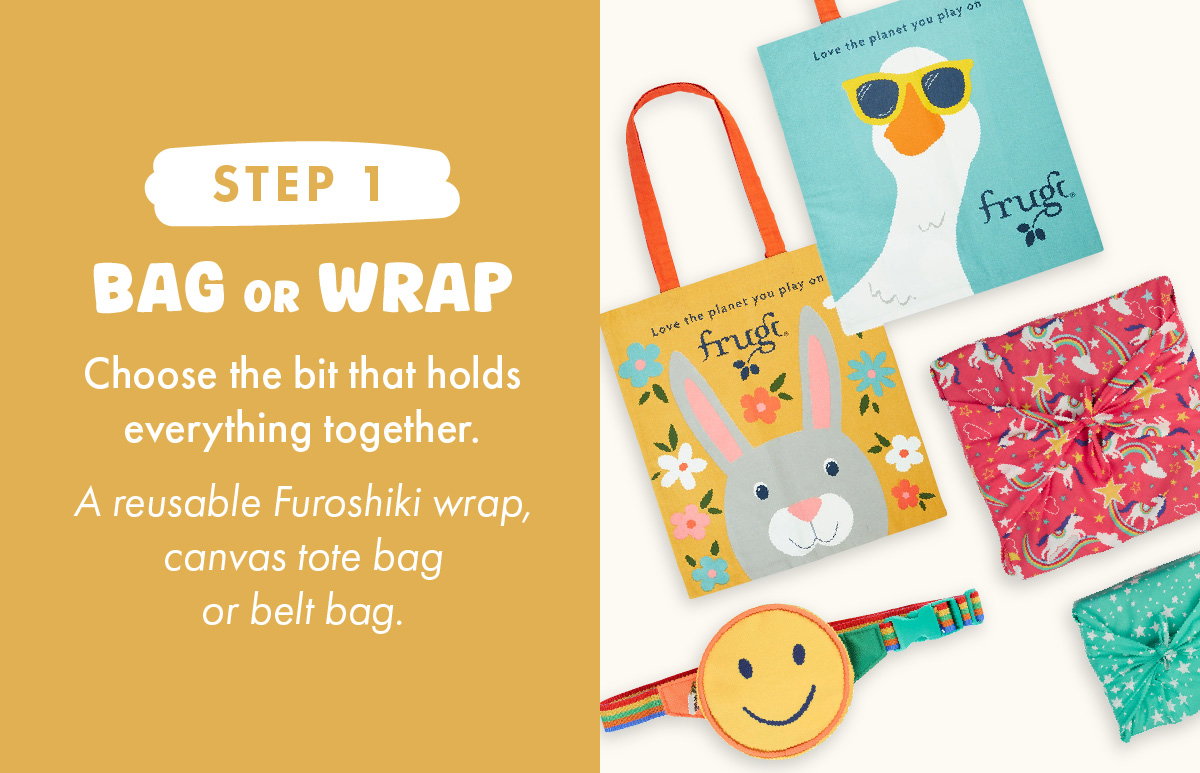 Step 1: Bag or Wrap | Choose the bit that holds everything together. A reusable Furoshiki Wrap, canvas tote bag or belt bag.