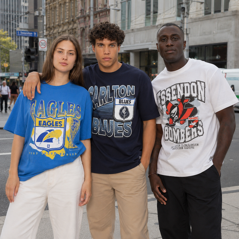Two men and a woman wearing Mitchell & Ness AFL Tees