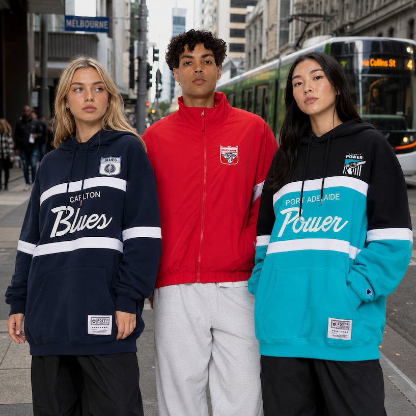 Two women and a man wearing AFL Mitchell & Ness Jackets and Hoods