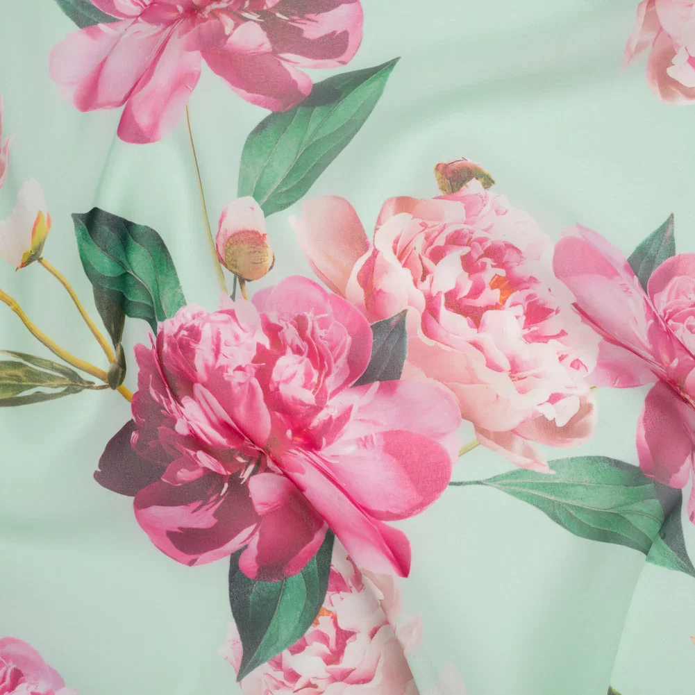 Image of Polyester Chiffon Print - Seafoam, Magenta and Green Roses - Designer Deadstock