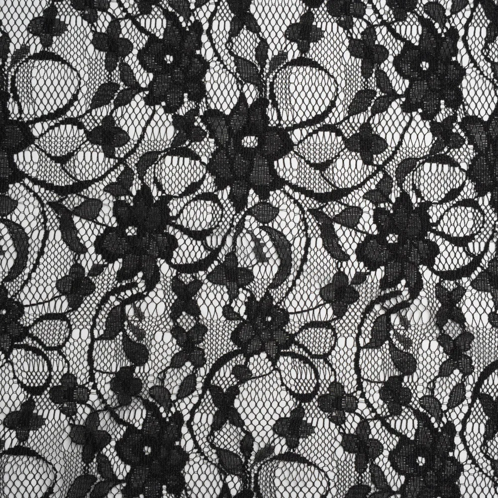 Image of Polyester Raschel Lace - Black Flowers and Ribbons - Designer Deadstock