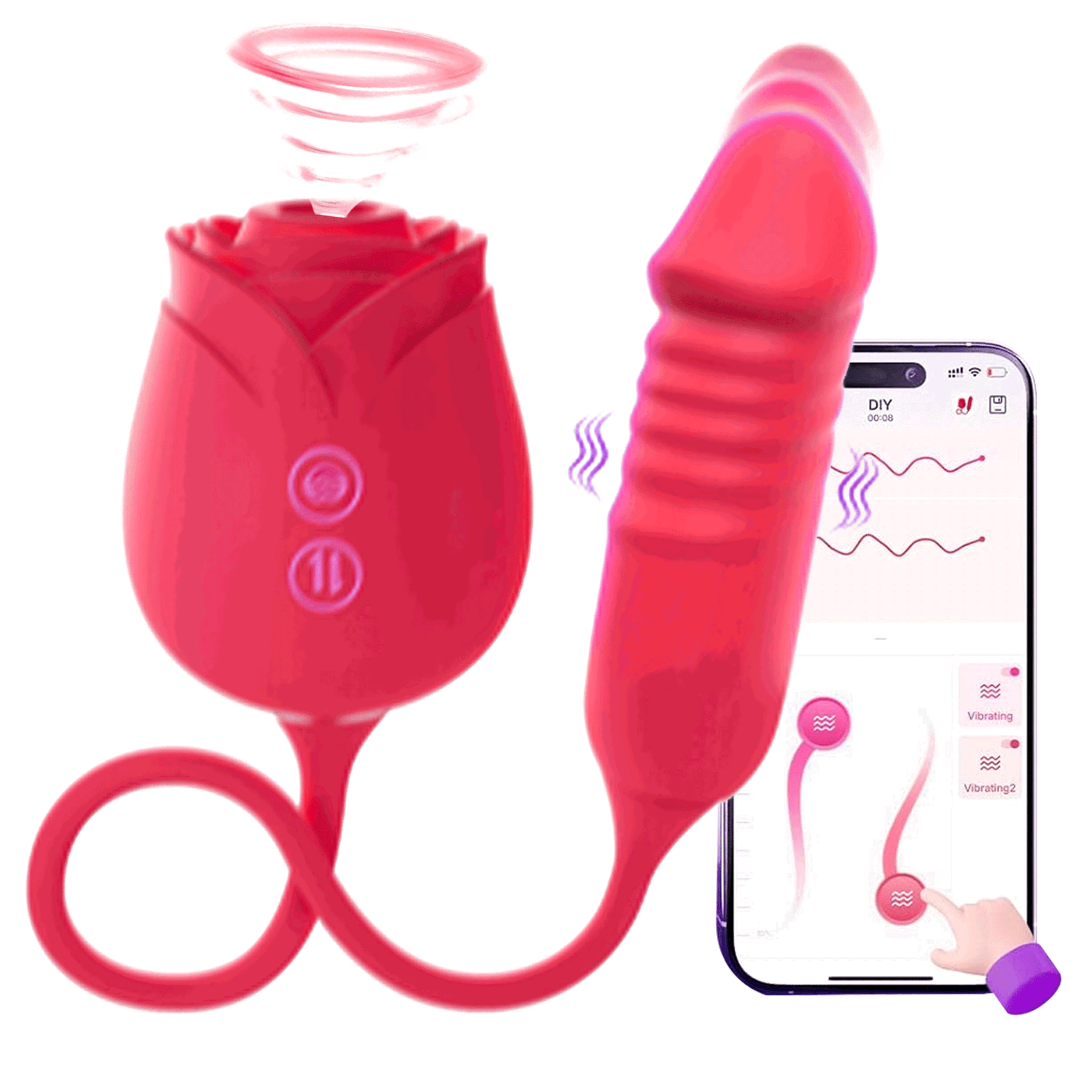 Rose Mary Dual Stimulation Massager – Suction & Internal Vibration - Red with App