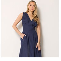 Navy Blue Cotton Pleated Midi Dress