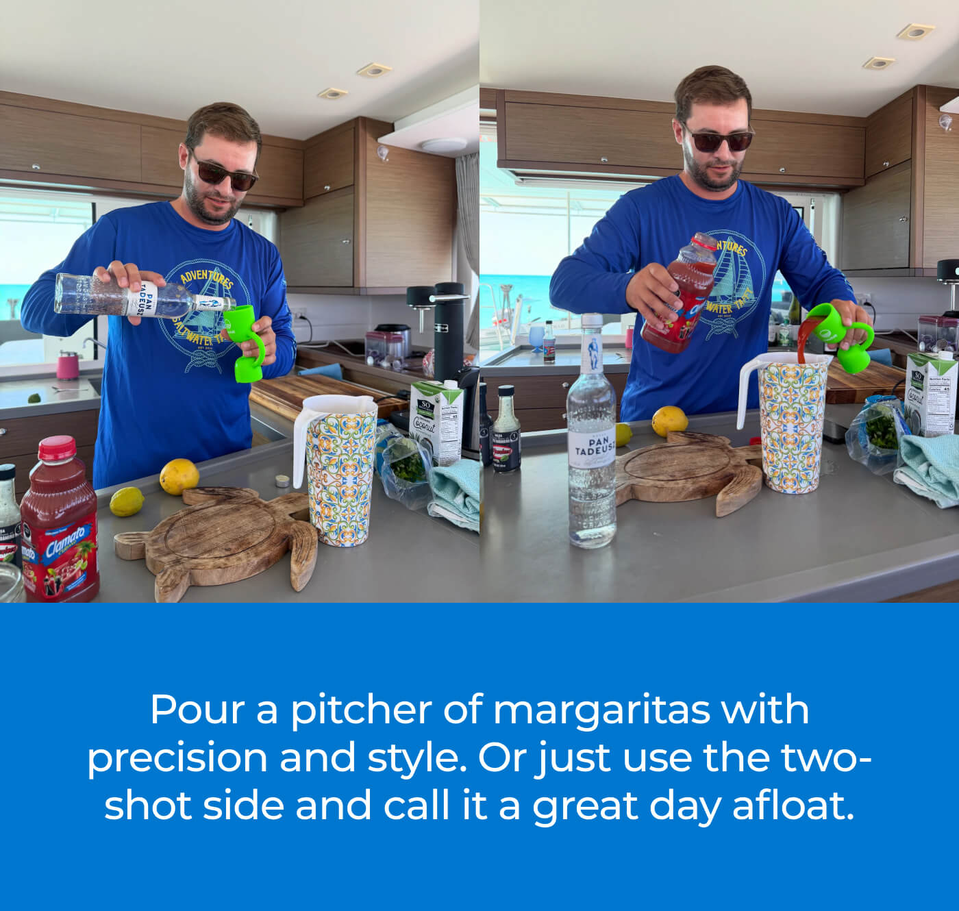 Pour a pitcher of margaritas with precision and style. Or just use the two-shot side and call it a great day afloat.