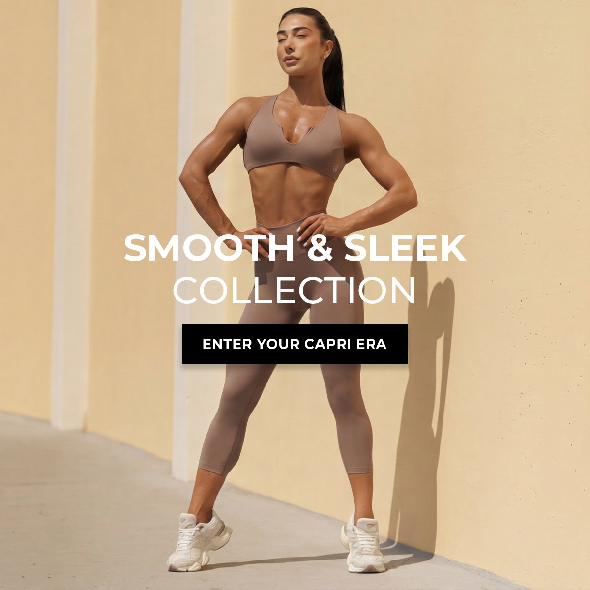 Woman in the Cocoa Smooth & Sleek set with overlay text “Smooth & Sleek Collection” text