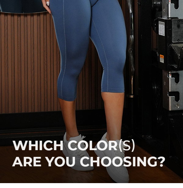 Model in Lapis Blue Smooth Capri Leggings with "Which Color(s) are you choosing?" text