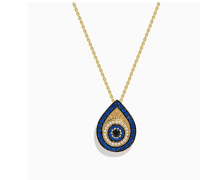 14K Yellow Gold Sapphire, Black and White Diamond Evil Eye Pendant