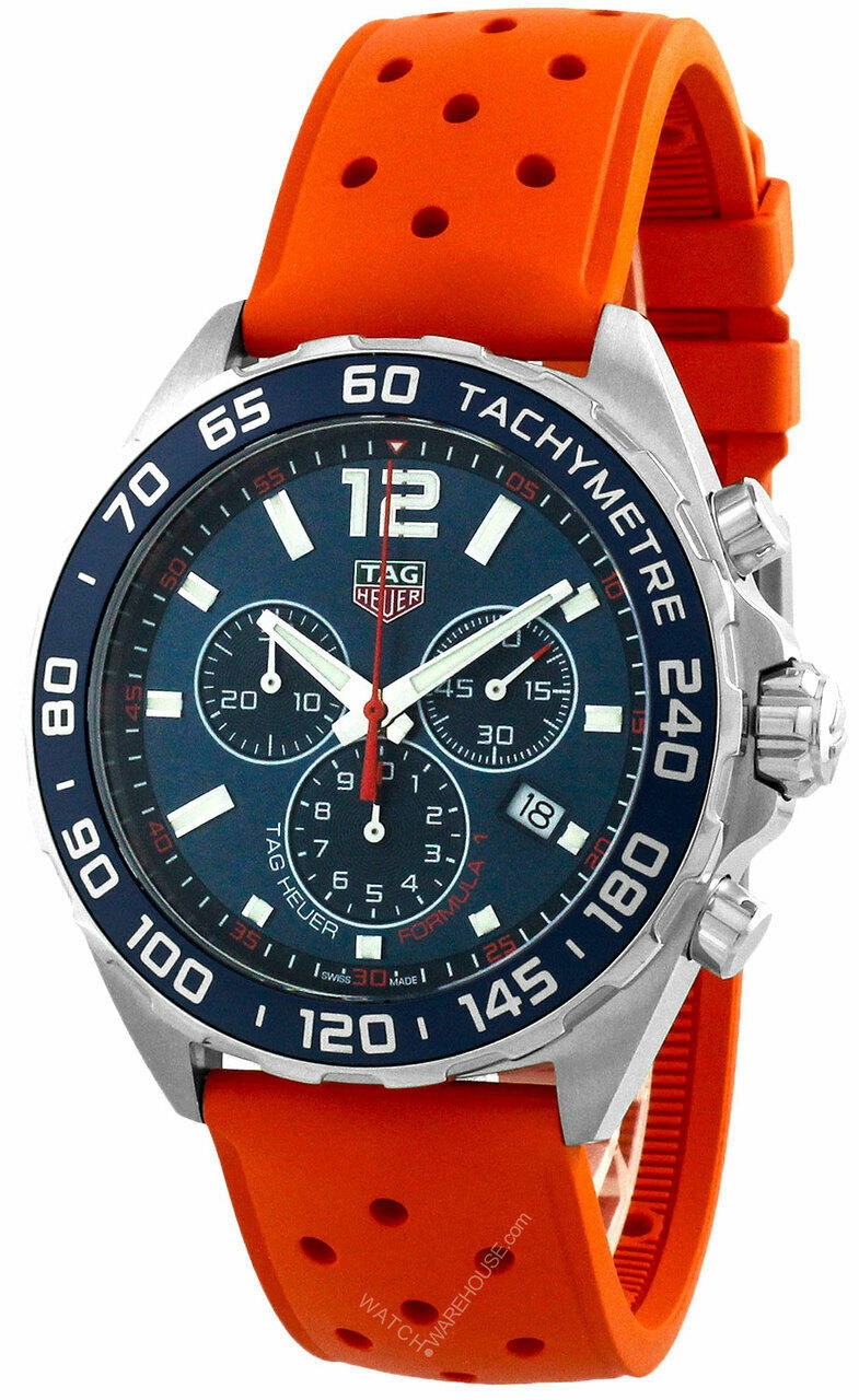 TAG Heuer Formula 1 Chronograph Blue Dial Orange Rubber Watch with 3 Subdials