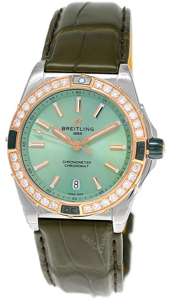 Super Chronomat 38MM 18K Rose Gold Diamond Bezel Green Leather Men’s Watch