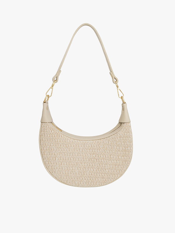 Cream woven hobo handbag with gold hardware and detachable strap.