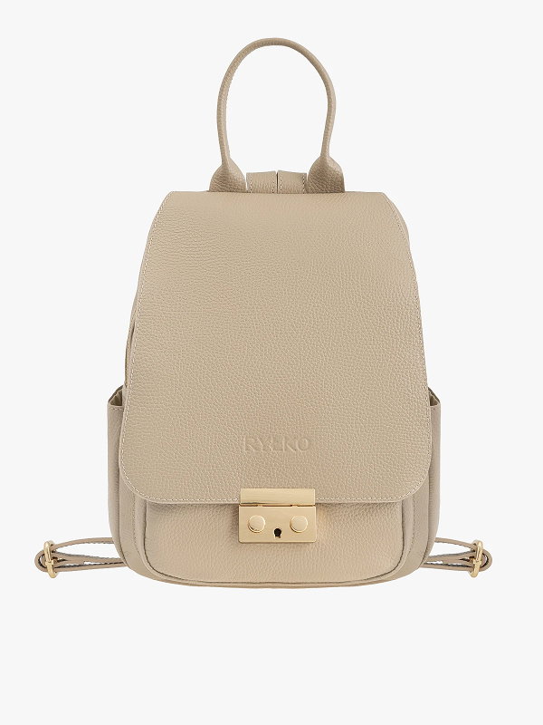 Beige leather backpack with gold clasp and adjustable straps on white background