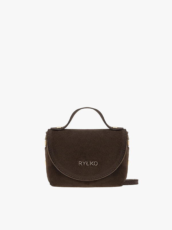 Brown suede handbag with RYŁKO logo, featuring a top handle and gold accents.