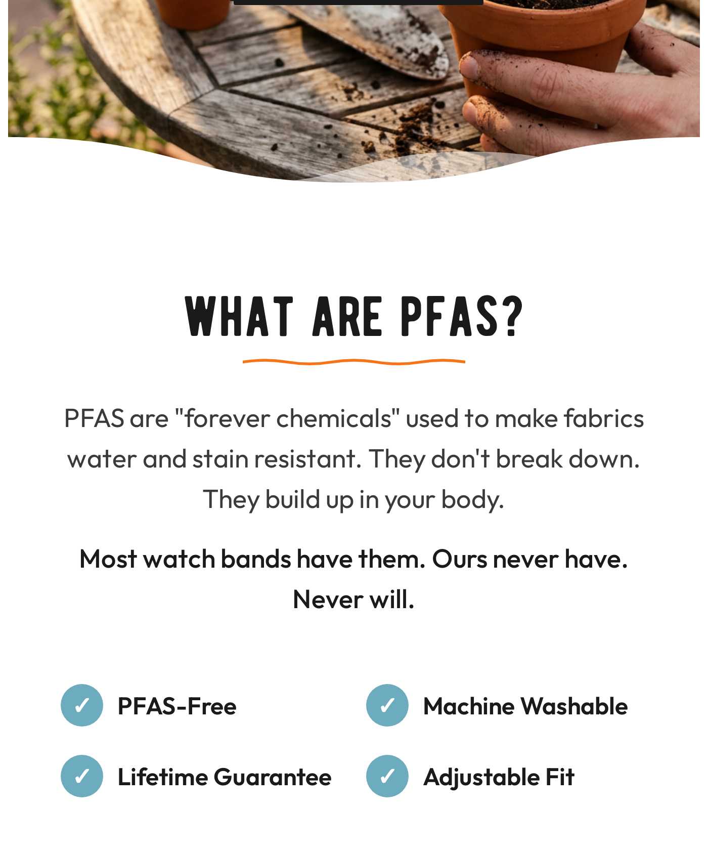 What are PFAS? Explains PFAS are forever chemicals. Highlights PFAS-Free, Machine Washable, Lifetime Guarantee, Adjustable Fi