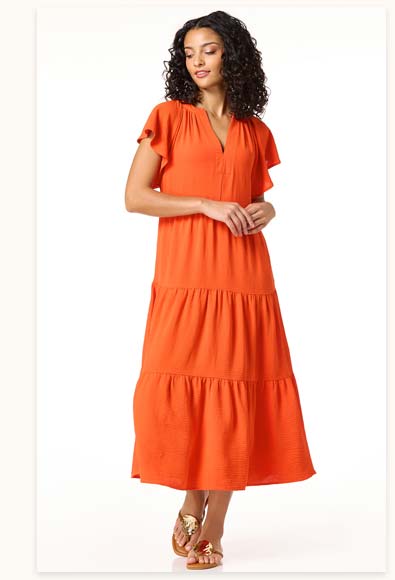 Shop Orange Tiered Midi Dress