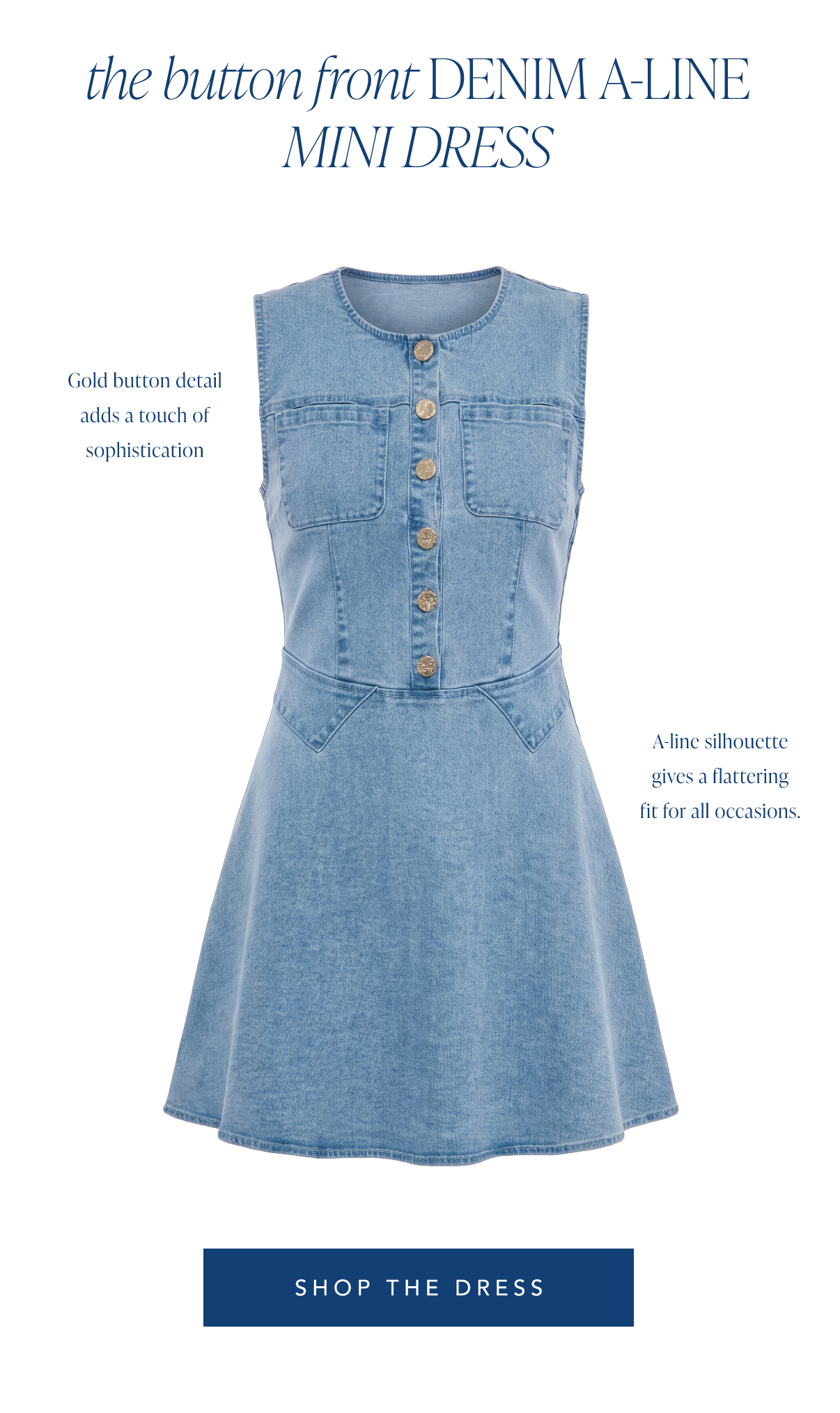 Sleeveless Button Front Stretch Denim A-Line Dress