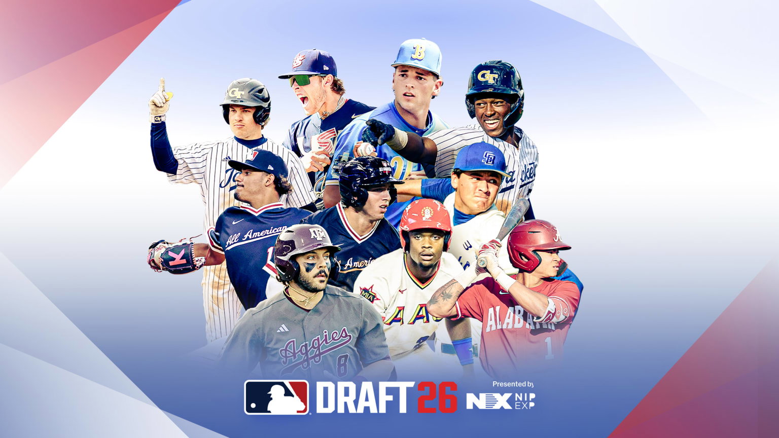 10 MLB Draft prospects with the Draft 26 logo underneath them