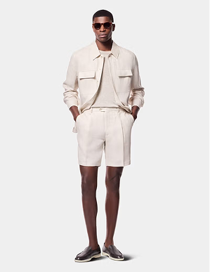 Beige Pleated Linen Shorts