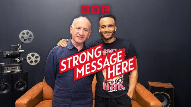 Munya Chawawa joins Armando Iannucci stand side by side against a grey background, with ‘Strong Message Here’ overlaid across them in white text framed in red.
