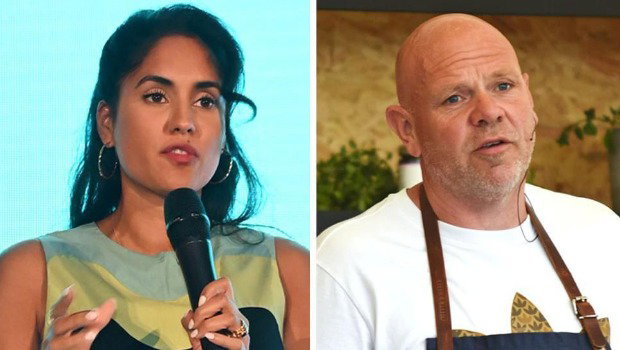 Chefs Ravneet Gill and Tom Kerridge in a split imge. Gill raises a microphone as she speaks against a bright blue background, while Kerridge seaks into a headset.