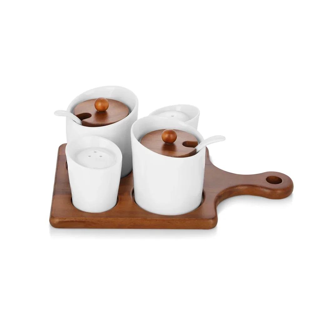 Image of Ceramic and Wood Condiment Set
