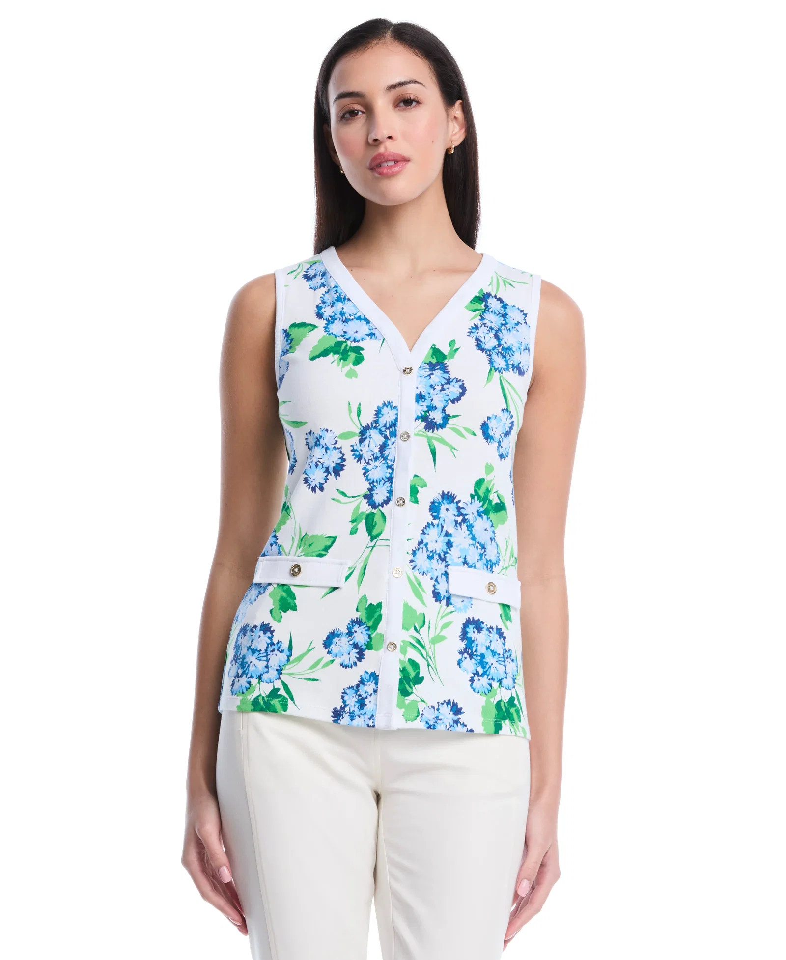 Image of Petite Pom Floral Print Button Front Tank Top