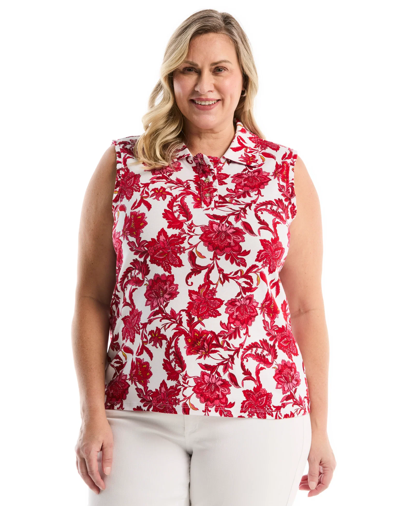 Image of Plus Size Botanical Print Ruffle Trim Polo