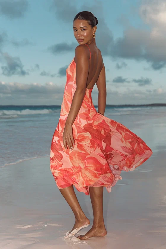 Image of Atori Red Multi Floral Print Mesh Sleeveless Midi Dress