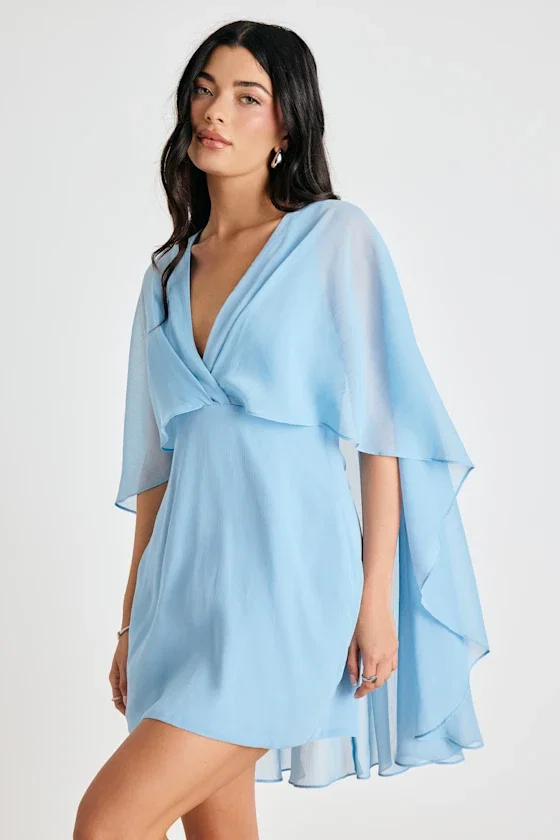 Image of Jolia Light Blue Cape V-Neck Mini Dress