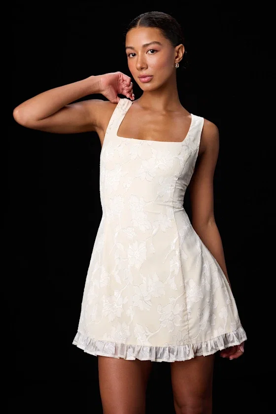 Image of Angeline Ivory Floral Jacquard Ruffled Mini Dress