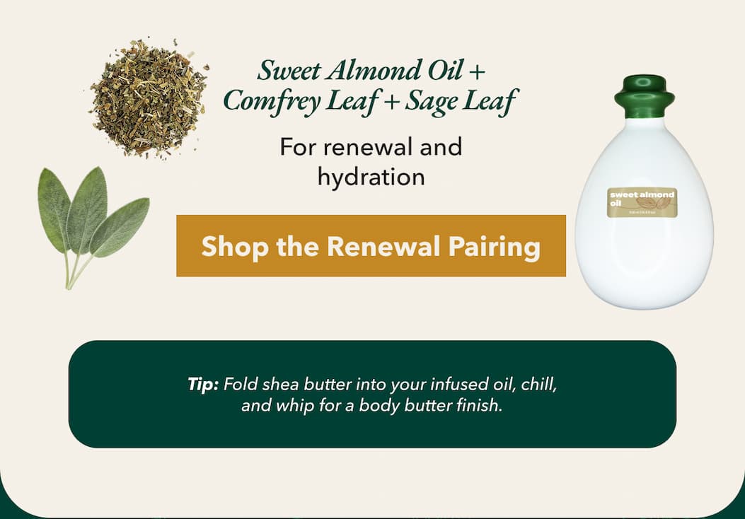 Sweet Almond Oil + Comfrey Leaf + Sage Leaf  For renewal and hydration  [Shop the Renewal Pairing]