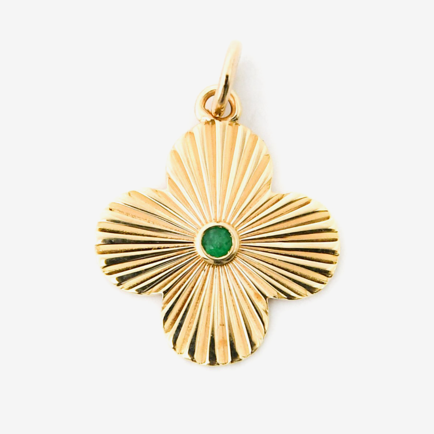 14kt Gold 0.02 CTW Emerald Clover Sunburst Charm
