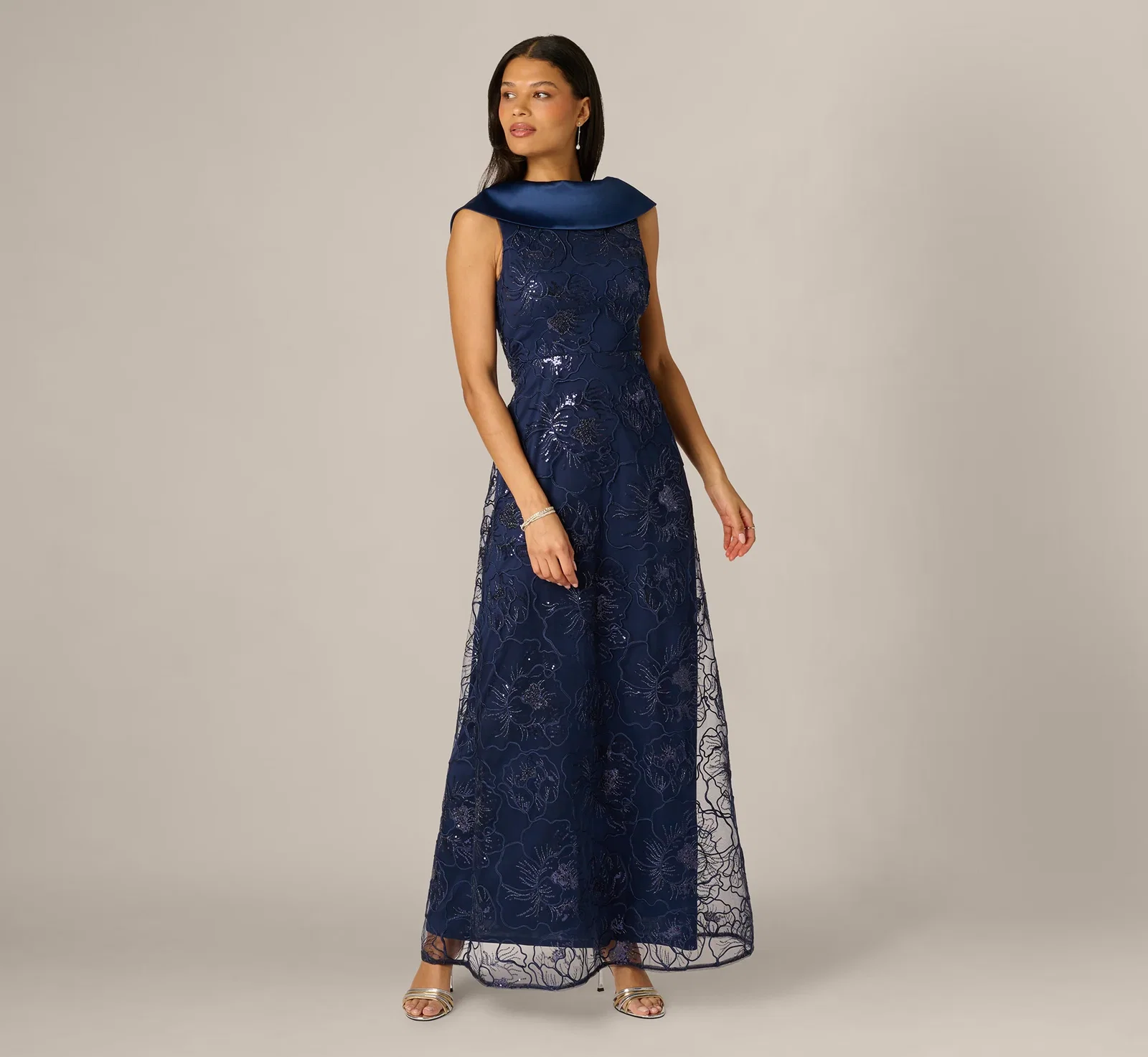 Image of Floral Embroidered Satin Roll Collar Gown In Midnight