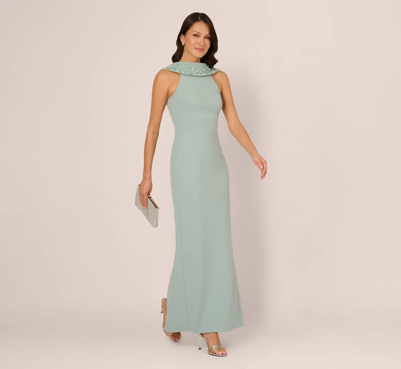 Image of Beaded Roll Neck Column Gown In Aqua Dust