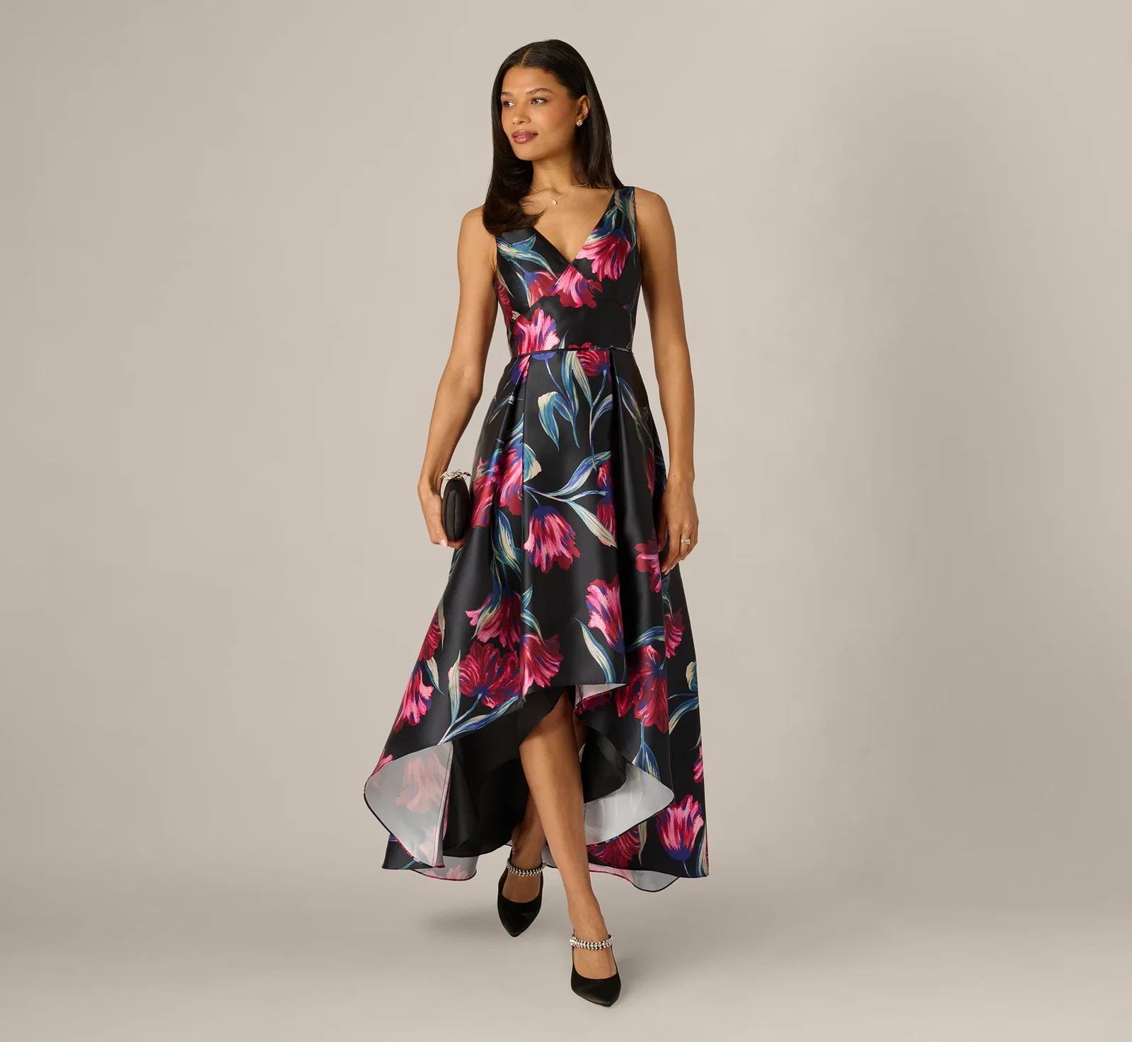 Image of Floral Print Mikado High Low Gown In Black Multi