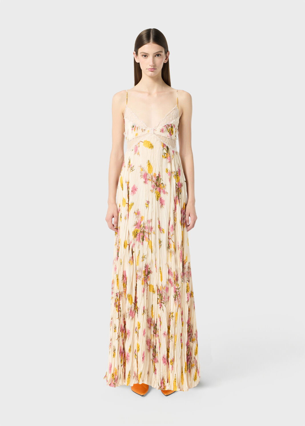 Long pleated georgette dress with print and lace