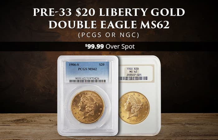 ON SALE: Pre-33 $20 Liberty Gold Double Eagle Coin MS62 (PCGS or NGC)