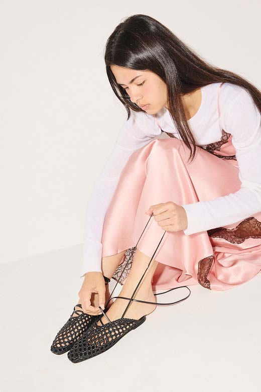 ETTA woven ankle lace up flat styled with pink silk skirt
