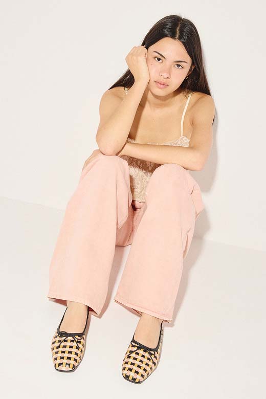 JADA ballet flat in multi-woven calf styled with lace embroidered tank and pink pants